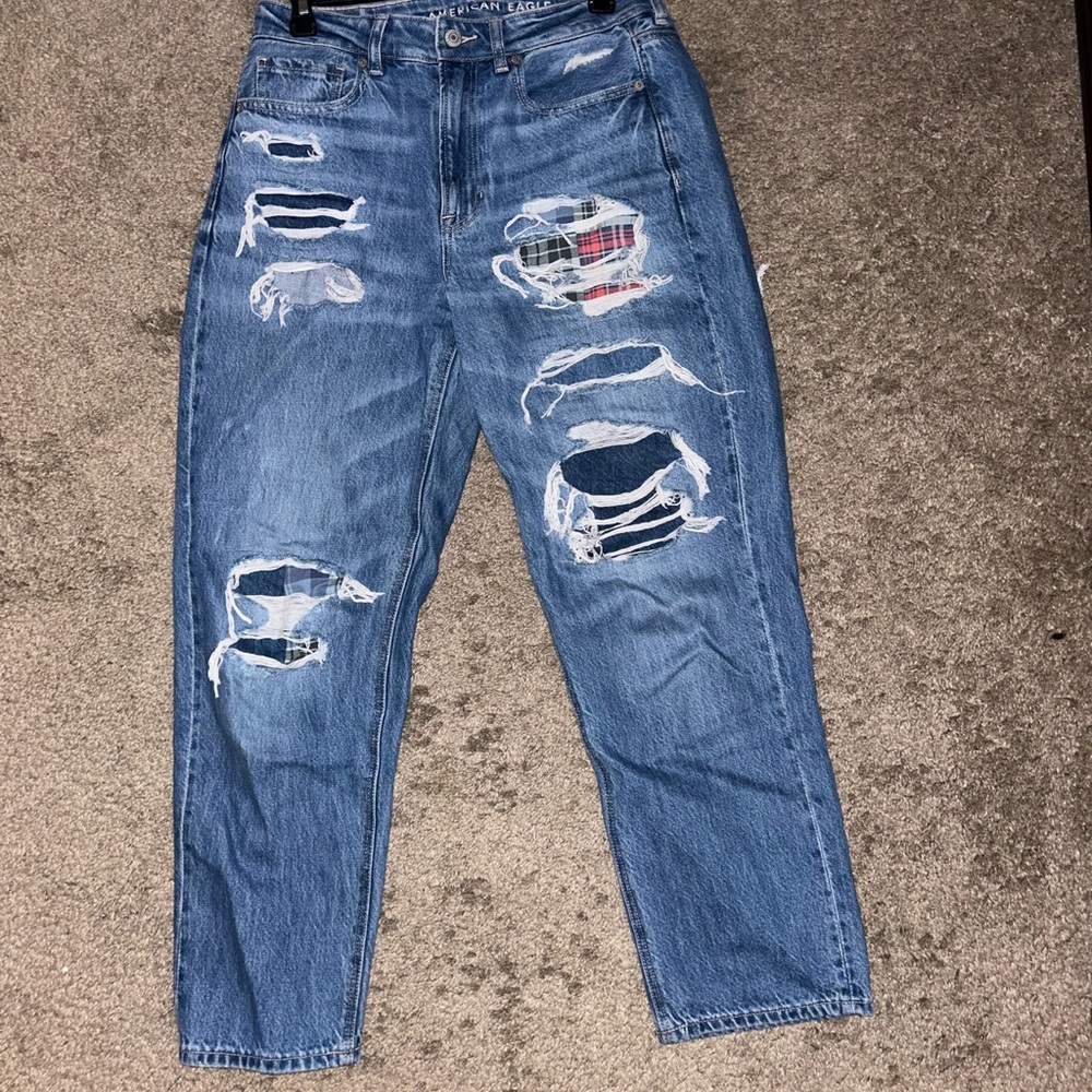 American Eagle Outfitters Women's Distressed Blue Jeans with Plaid Patch